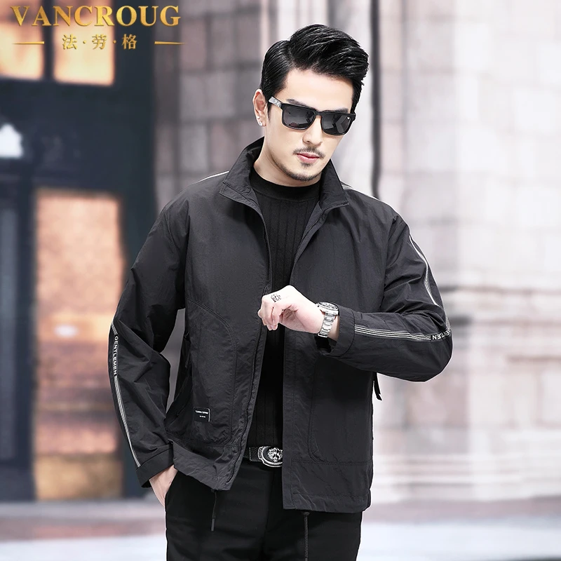 VANCROUG/法劳格夹克男士秋季时尚高端立领休闲大码宽松透气外套