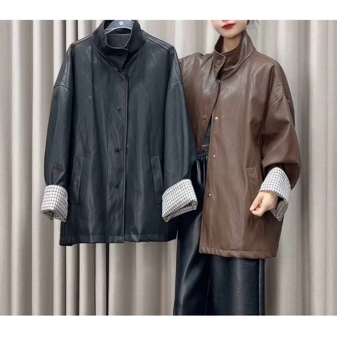 清言家931皮衣格子袖外套(衣长73左右)