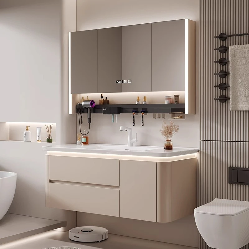 奶油风浴室柜组合圆弧陶瓷一体盆浴室柜小户型美妆智能镜柜组合