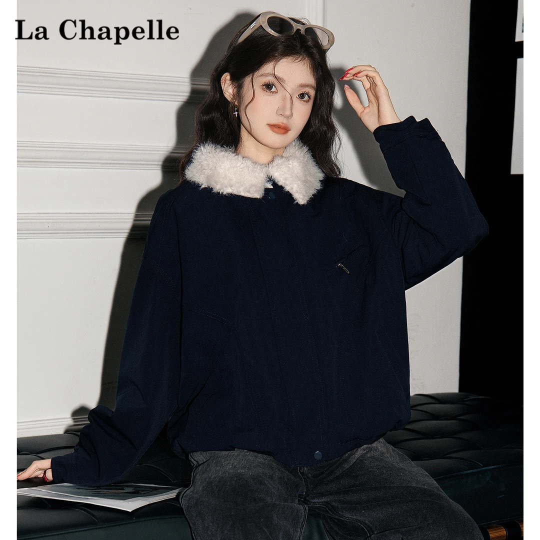 拉夏贝尔羊羔毛拼接翻领加棉加厚棉服外套女冬全身加毛毛保暖棉衣