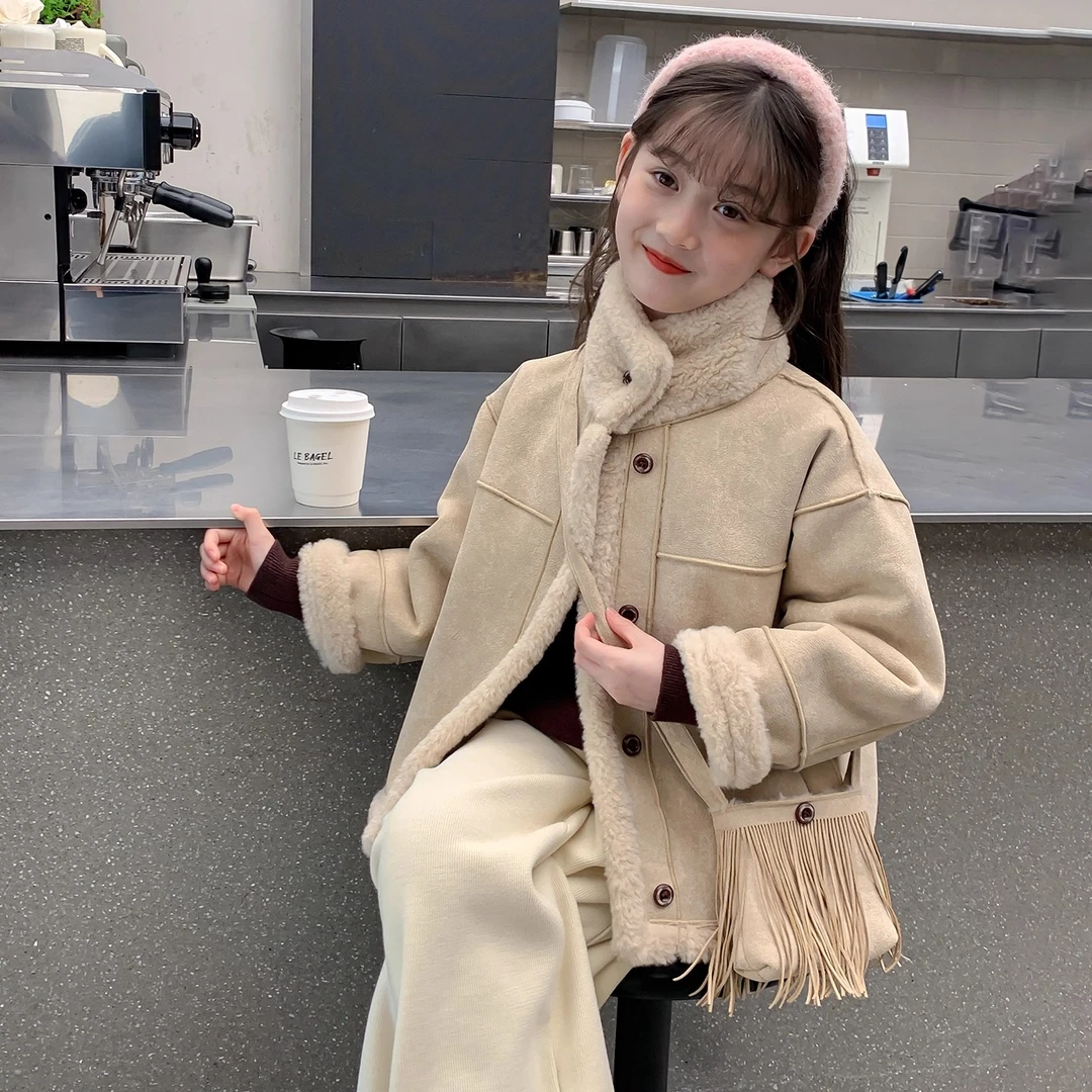 女童加绒外套秋冬今年流行新款儿童大衣女孩童装冬季毛呢加厚冬装