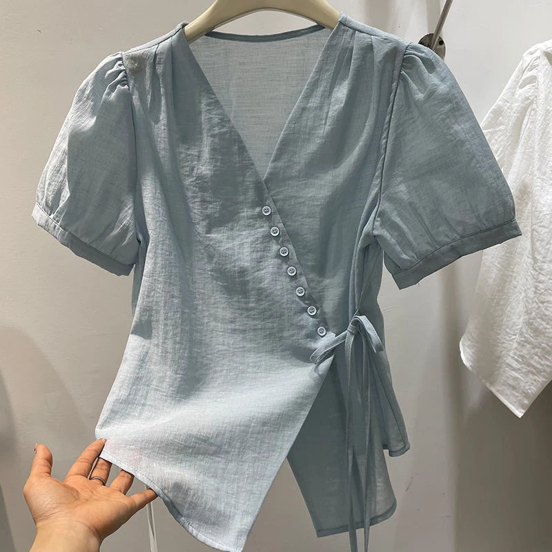 韩系小众V领系带短袖衬衫2025夏季新款女设计感不规则显瘦上衣潮