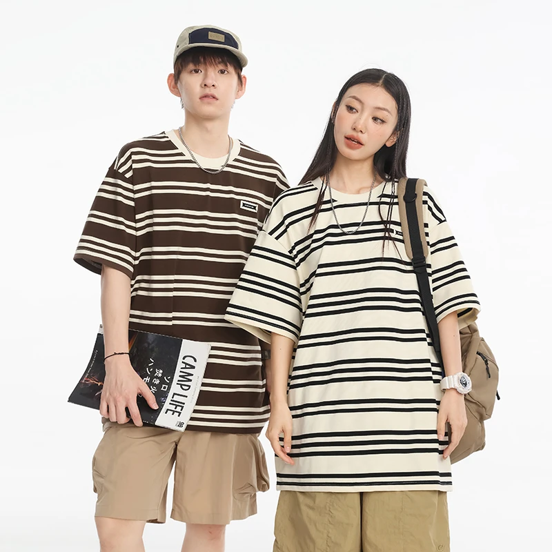 夏季新款2025条纹短袖t恤男上衣大码ins潮半袖体恤美式休闲海魂衫