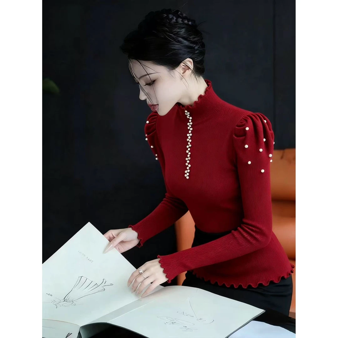 重工钉珠复古红色半高领针织衫女秋冬2025新款显白修身内搭打底衫