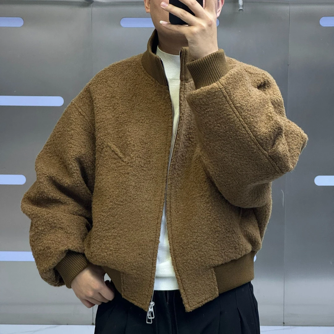 2025年男士冬季立领呢毛鹅绒拼接保暖宽松时尚休闲百搭外套