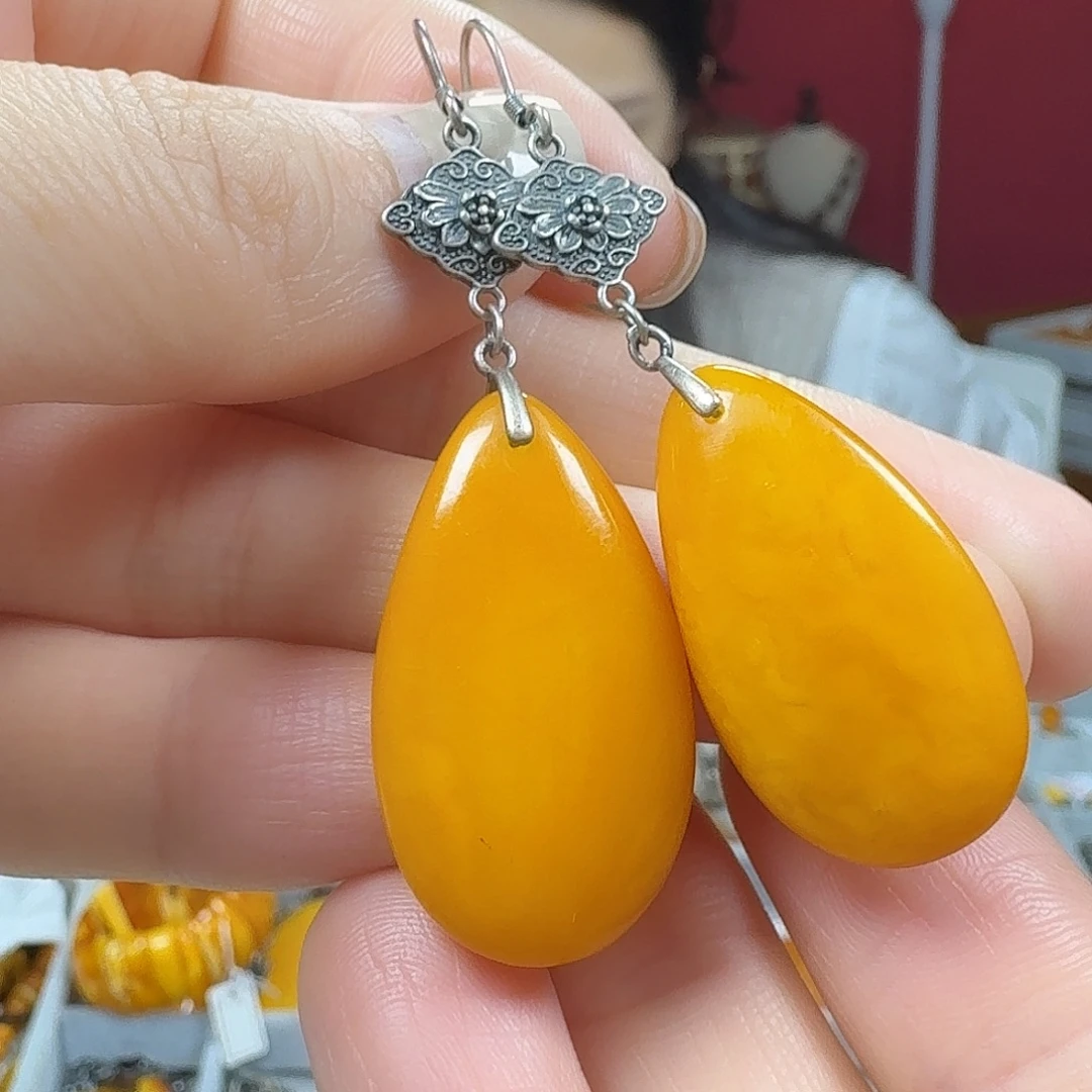 蜜蜡银S925镶嵌耳饰耳坠