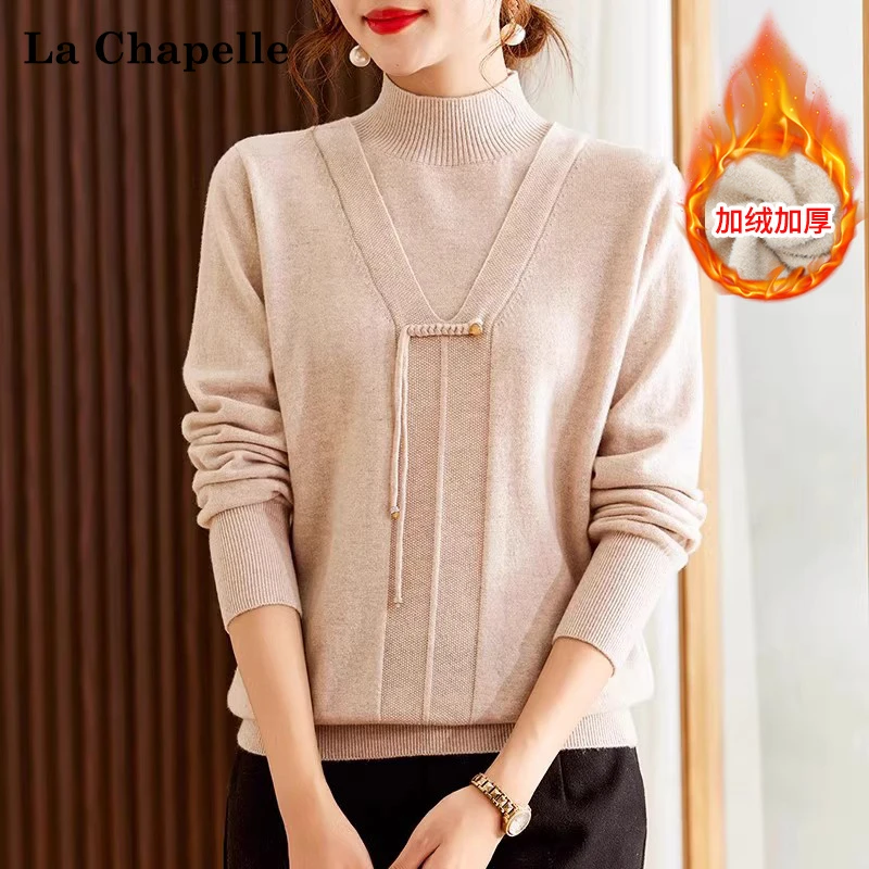 拉夏贝尔妈妈秋装针织衫半高领打底上衣加厚中老年新中式盘扣毛衣