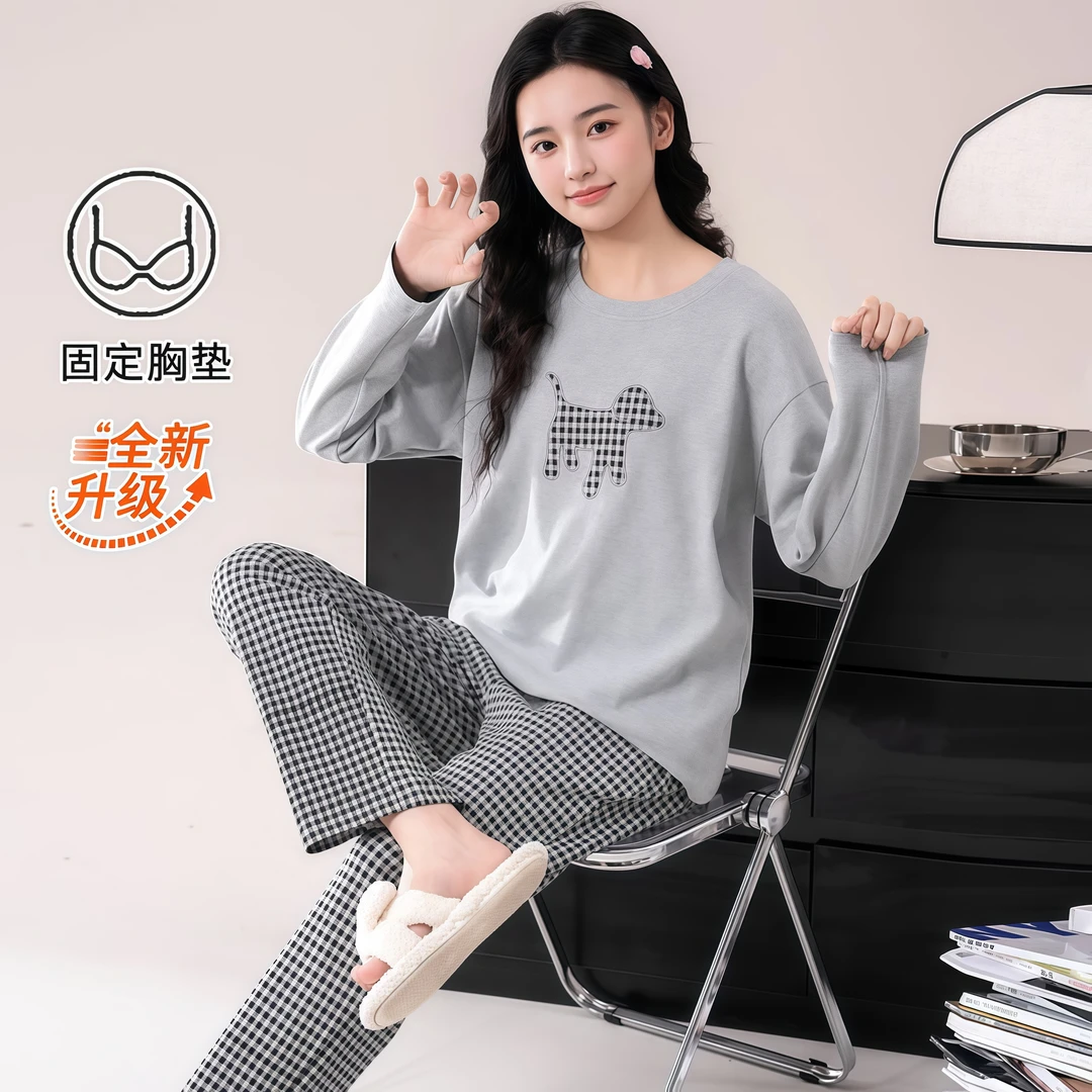 睡衣女秋冬款纯棉卡通小狗睡衣长袖长裤带胸垫长袖睡衣套装家居服