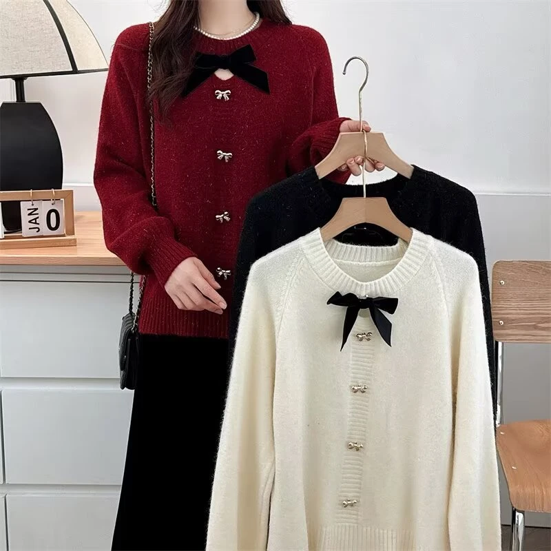 胖mm大码圆领镂空蝴蝶结宽松显瘦长袖针织显瘦毛衣685