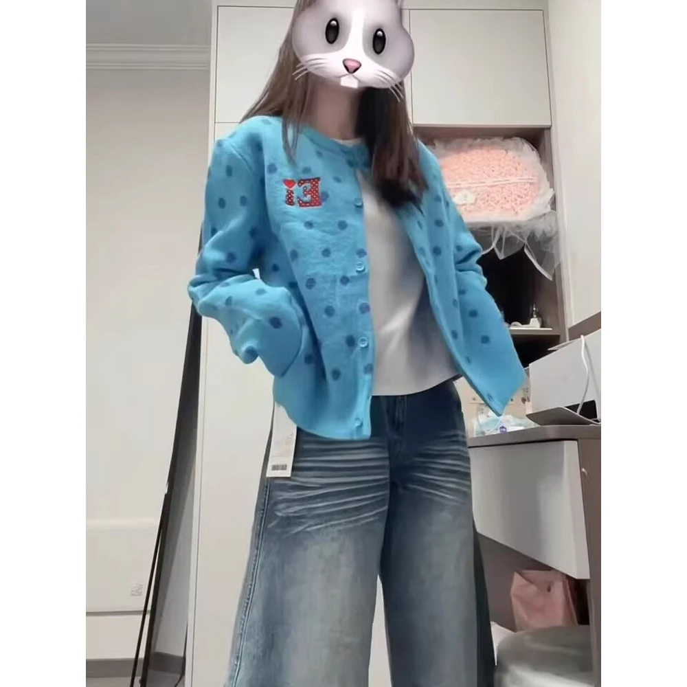 美式复古波点圆领开衫毛衣外套女早秋季短款软糯慵懒风针织衫上衣