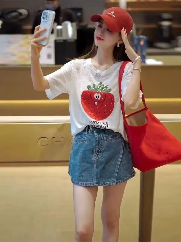 欧洲站时尚百搭显瘦圆领草莓图案针织衫短袖t恤薄款上衣通勤女装