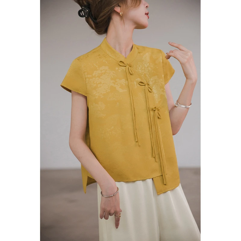 小谷粒新中式衬衫女2025年夏季新款时尚气质通勤提花盘扣短款上衣