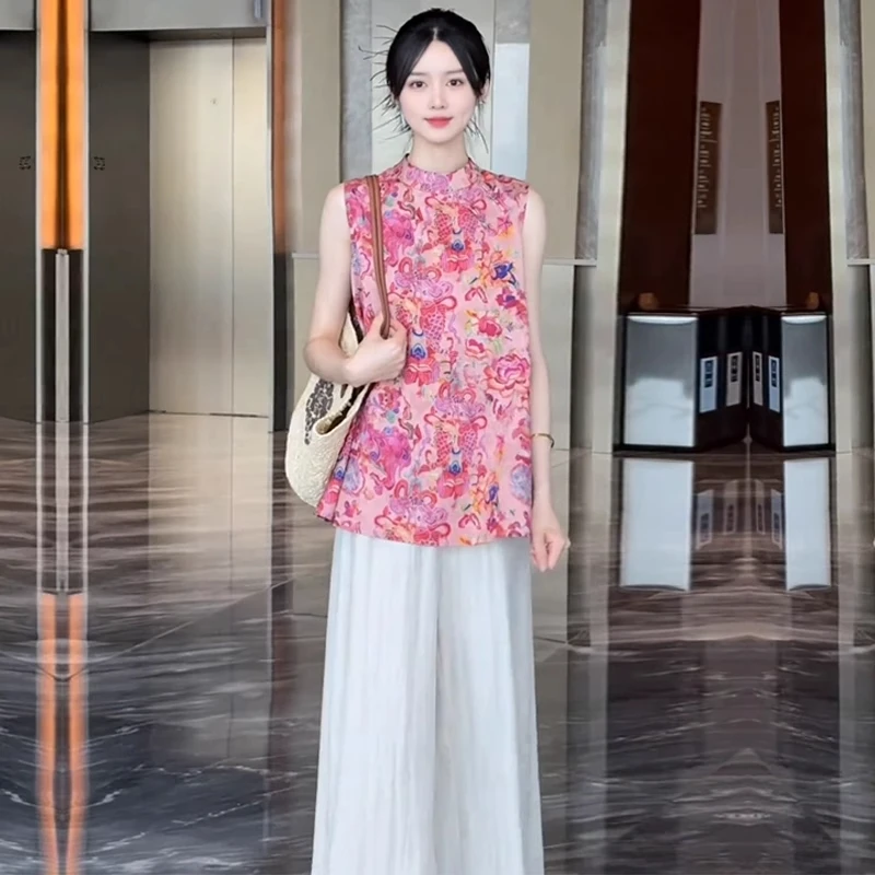 2025夏季新款时尚减龄新中式国风提花无袖上衣休闲阔腿裤两件套女