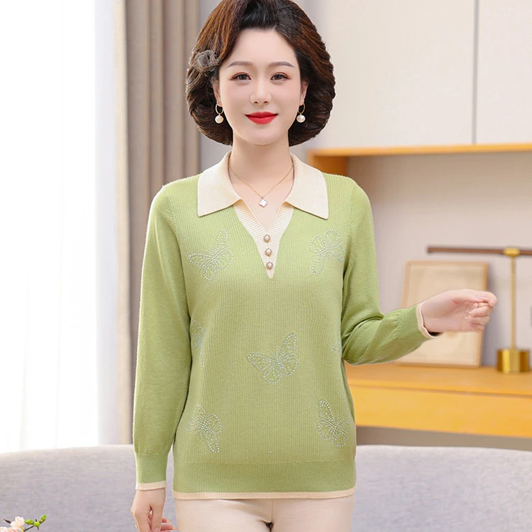 妈妈春装2025新款气质翻领针织上衣中老年女装洋气中年打底衫薄款
