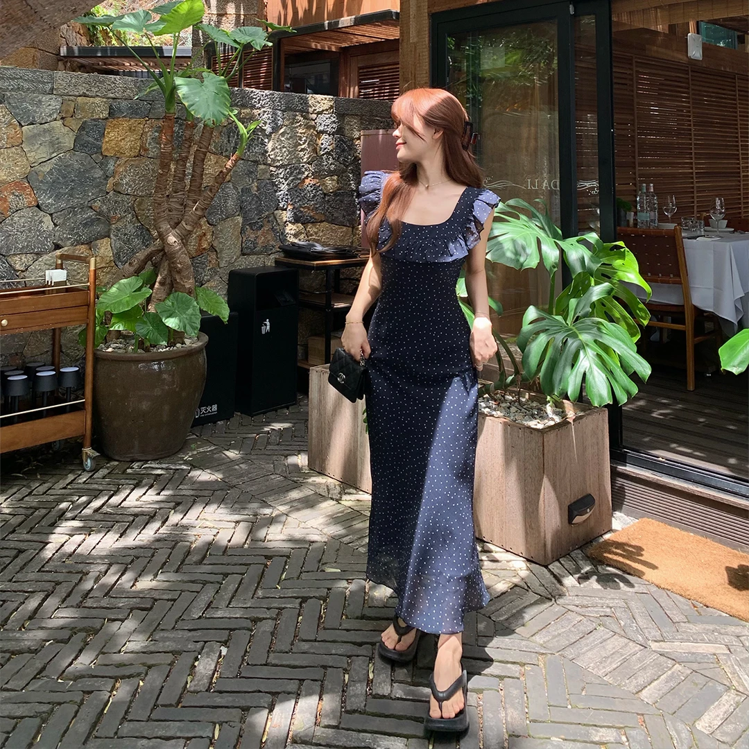 xijia小个子法式浪漫小飞袖连衣裙夏季收腰显瘦波点荷叶边长裙子