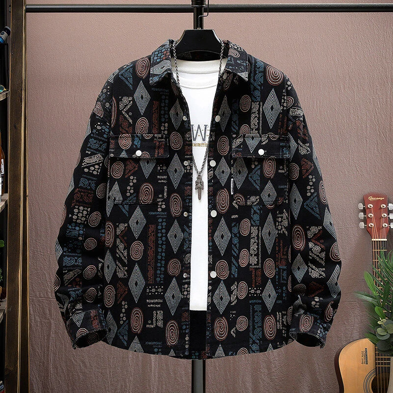 新款民族风印花翻领夹克情侣款时尚轻奢欧美宽松长袖衬衫外套8869