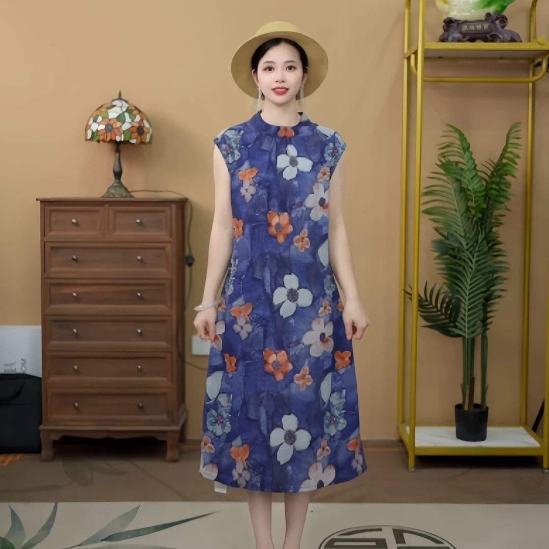 52251  复古风夏季气质极简风连衣裙中长款显瘦无袖裙子