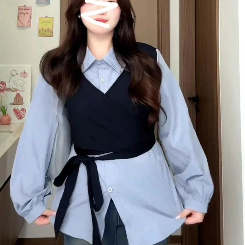 特大码300斤百搭假两件长袖衬衫女秋季2025新款绑带收腰遮肉上衣