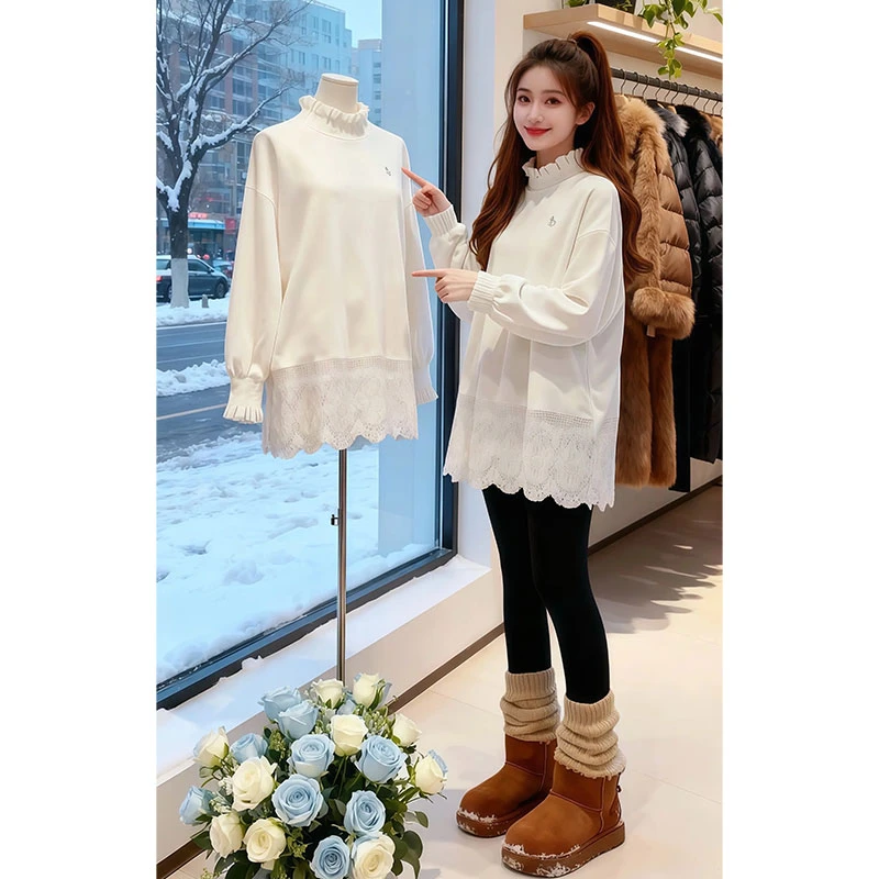 【琉璃佳人】2026秋冬季新款法式气质蕾丝拼接长袖上衣女士加绒T恤