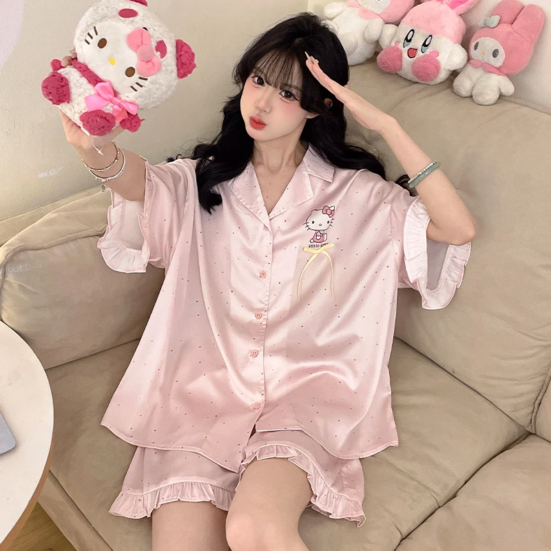 夏季睡衣女款爆款2025新款可外穿大码宽松甜美短袖冰丝家居服套装