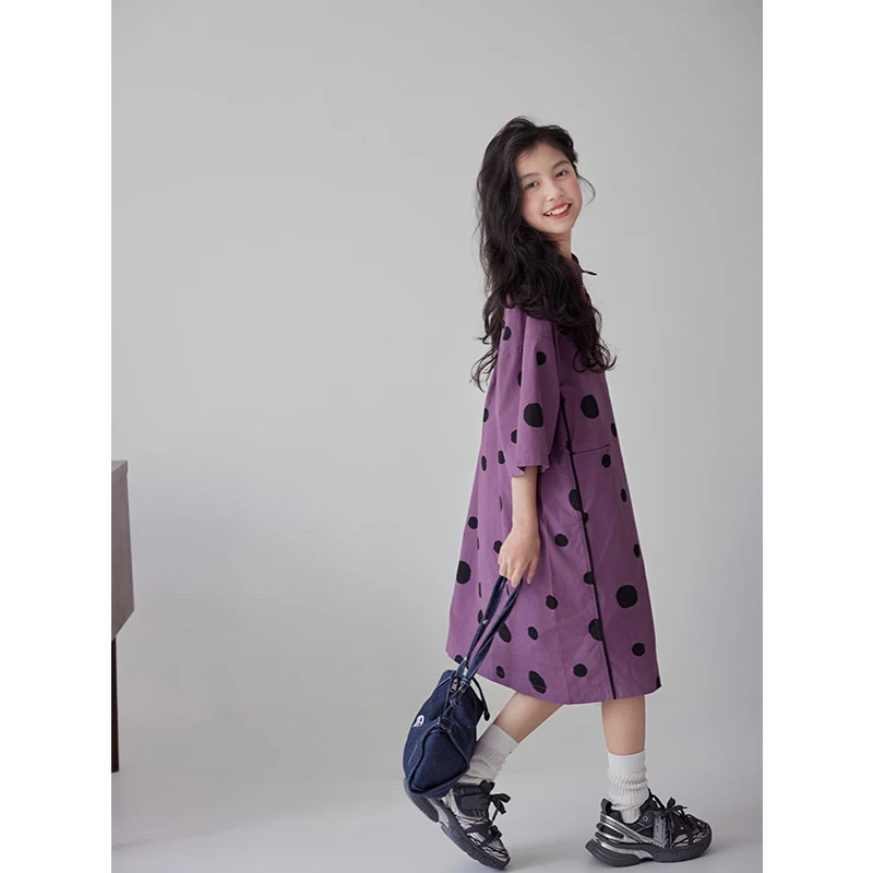 K26763紫苏波点女童polo领连衣裙2025新款夏季儿童小女孩A字裙子