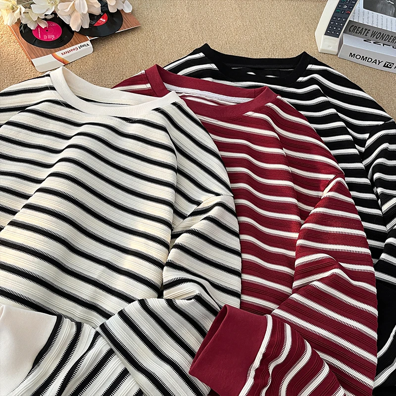 霄桂姿港风长袖T恤圆领男秋装潮流百搭条纹上衣宽松休闲体恤内搭