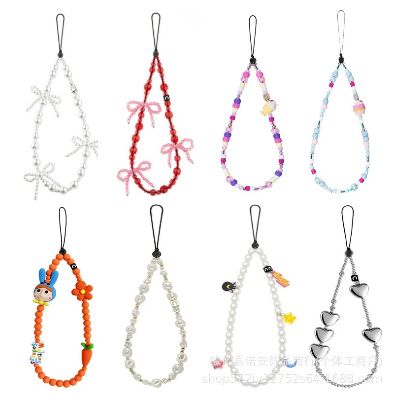 C家原版手机绳雪花蝴蝶结手工串珠便携硅胶手机链条挂件包包挂饰