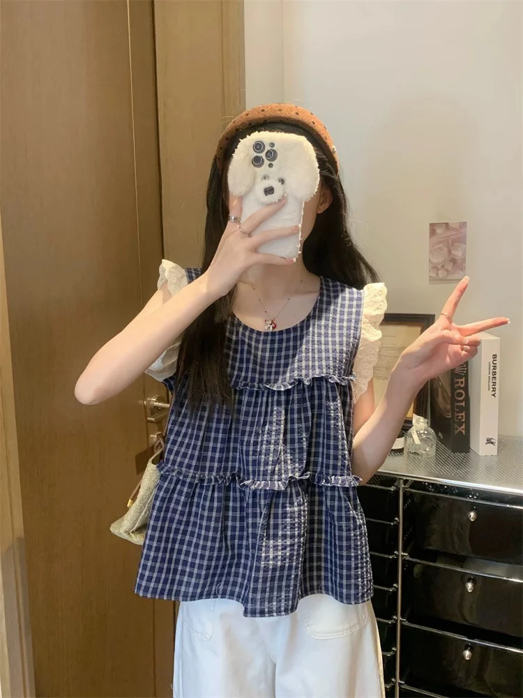 夏季韩系法式小众宽松格子无袖衬衫女飞飞袖上衣娃娃装小衫