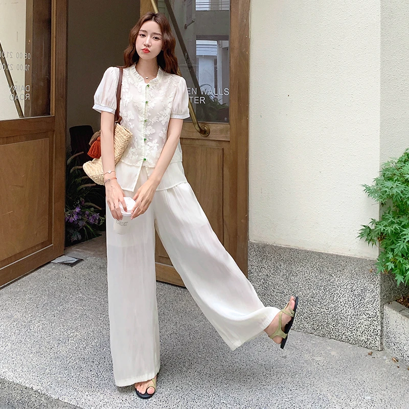 国风重工刺绣上衣阔腿裤两件套女2025年夏季超火气质新中式一整套