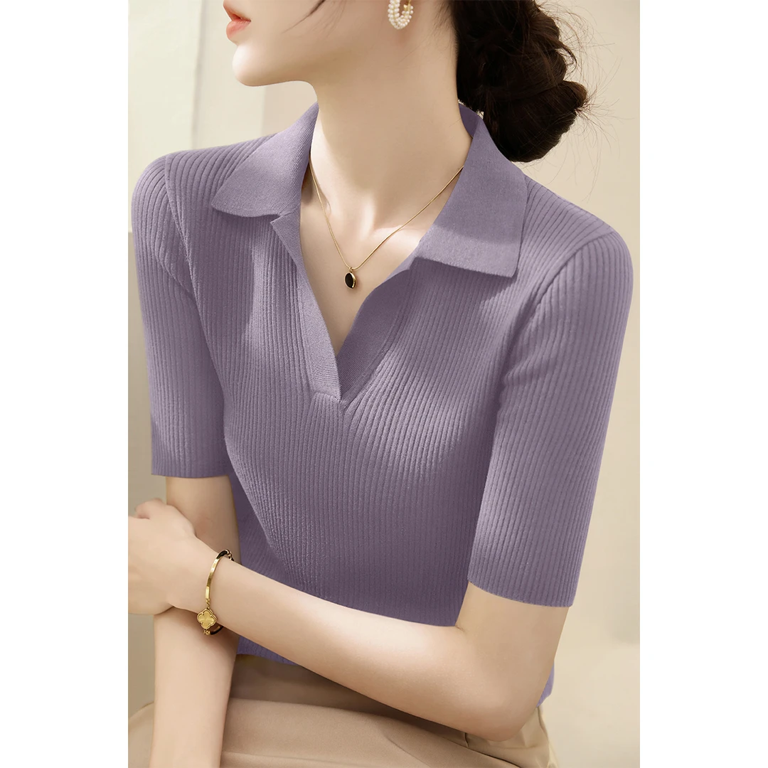 2025夏季新款OLO领莱赛尔天丝五分袖针织衫女修身显瘦V领打底上衣