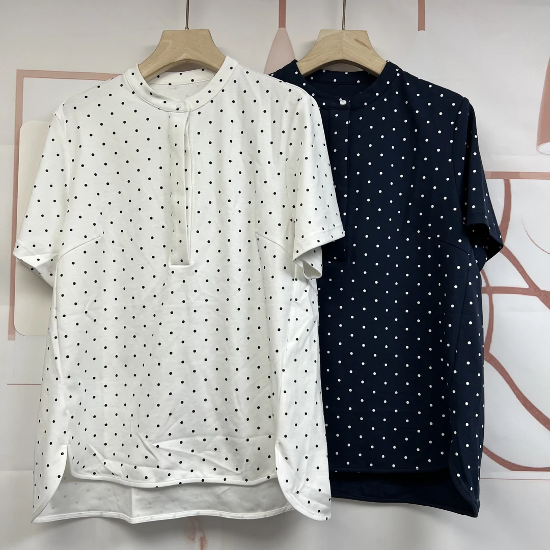 水木工芳2025新款时尚百搭显瘦小立领波点印花短袖T恤女9036