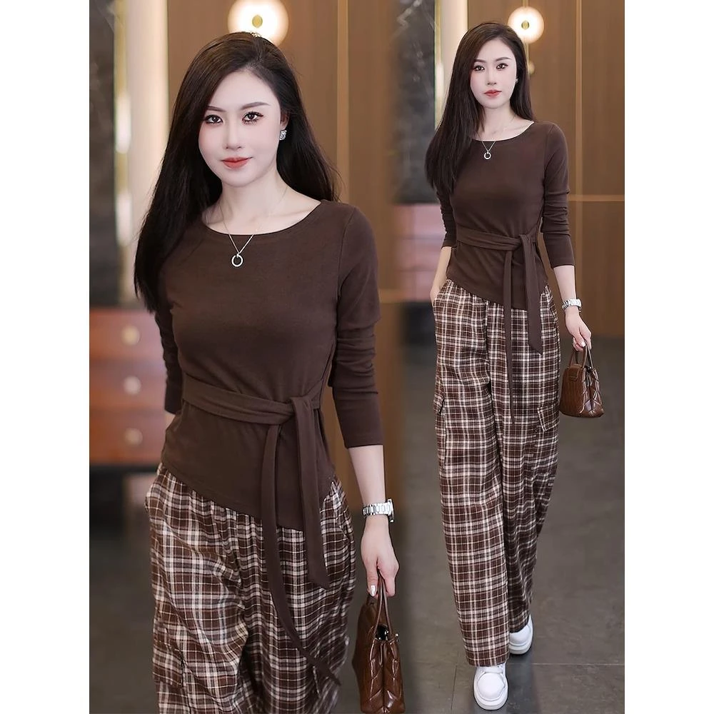 时尚洋气设计感套装女春秋新款韩版长袖上衣格子工装直筒裤两件套