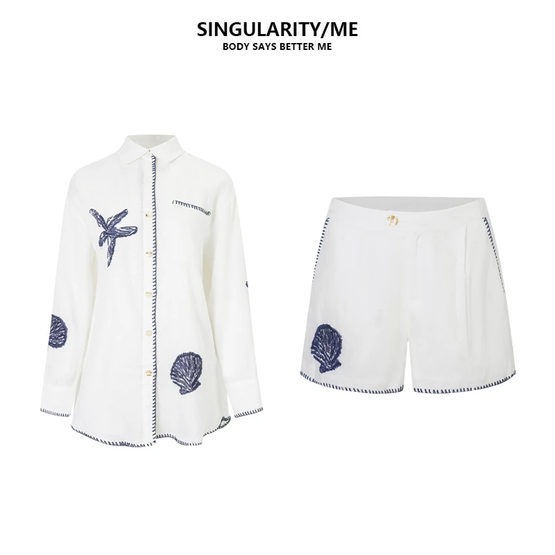 Singularity Me 5A 86773 亚麻海洋挂线多股刺绣夏天衬衫短裤套装