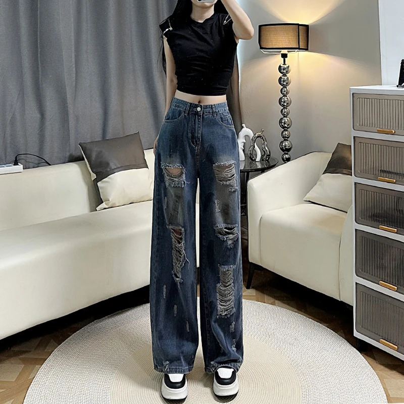 美式破洞拖地牛仔裤女2025夏季新款辣妹高街设计感宽松直筒阔腿裤