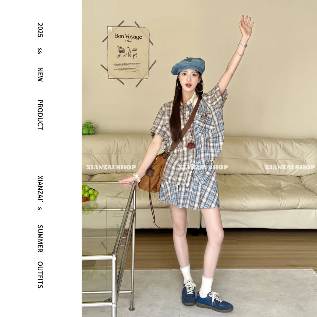 XIANZAI【柏林狂欢】夏季新款撞色拼接格纹小马衬衫短裙两件套装