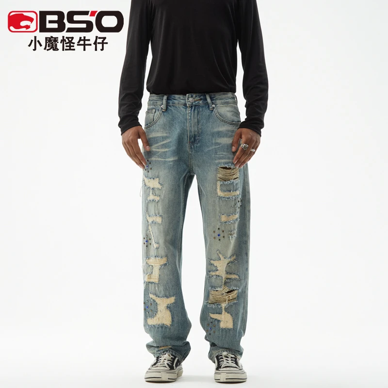 小魔怪美式破洞补丁男士牛仔裤痞帅复古浅色修身潮流做旧乞丐高街