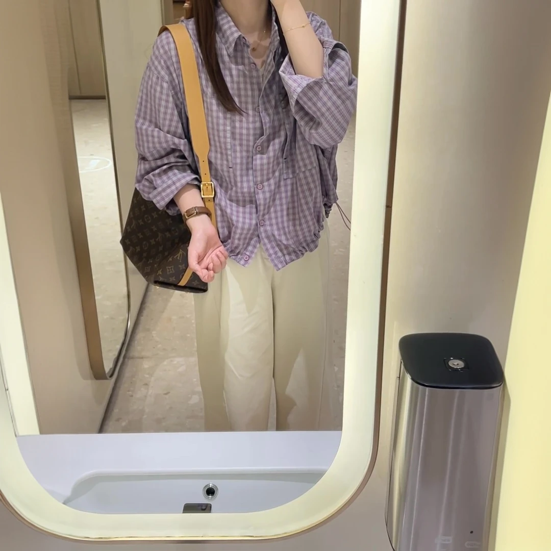 设计感下摆抽绳短款长袖格子衬衫女2025秋季新款宽松休闲衬衣外套