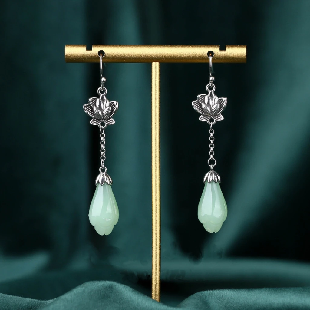 铜合金耳饰 中国风复古长款手工玉兰花耳环民族风简约复古耳环