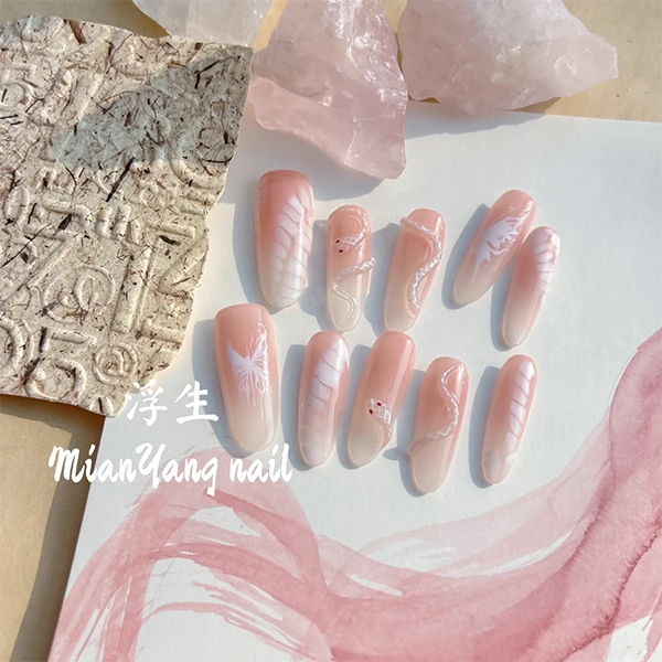 【浮生】纯欲感双色渐变蛇纹晕染白蛇纯手工穿戴甲小众私藏蛇年美甲