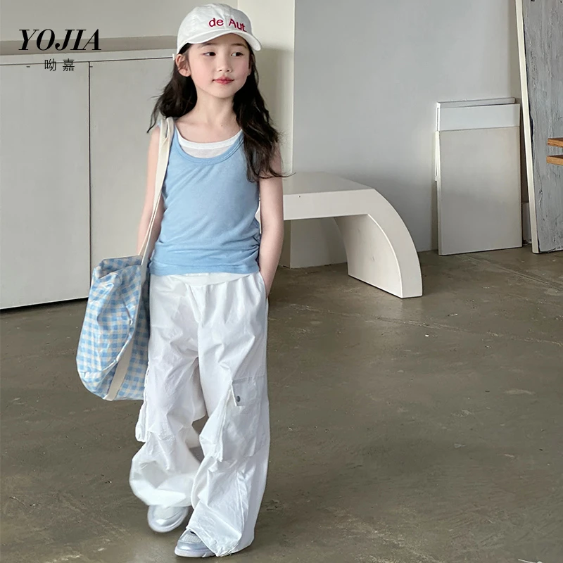 YOJIA【夏日限定】女童假两件背心T恤夏装2025新款大童吊带儿童夏装