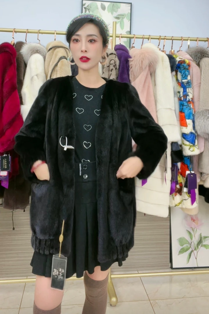 黑色v领中长款进口天鹅绒貂皮大衣女士皮草外套