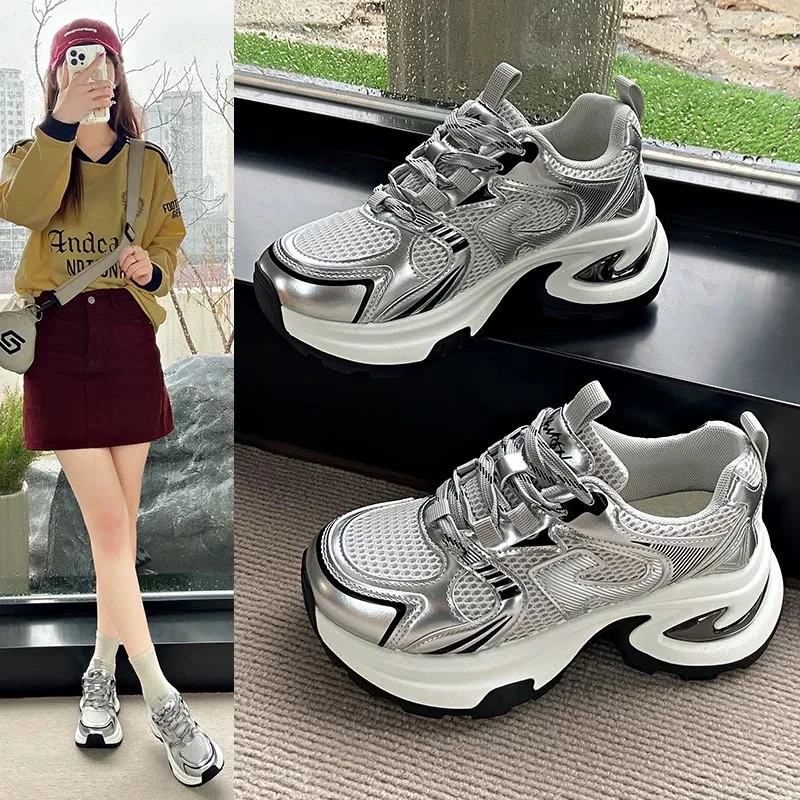 爆款单网透气厚底老爹鞋新款夏季轻百搭休闲运动鞋女显脚小