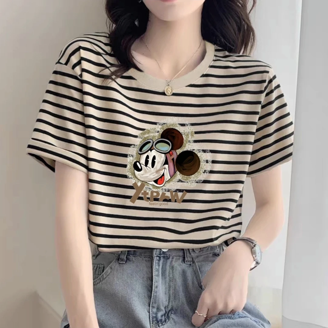 美式条纹短袖t恤女2025新款夏季宽松减龄印花设计感慵懒拼色上衣