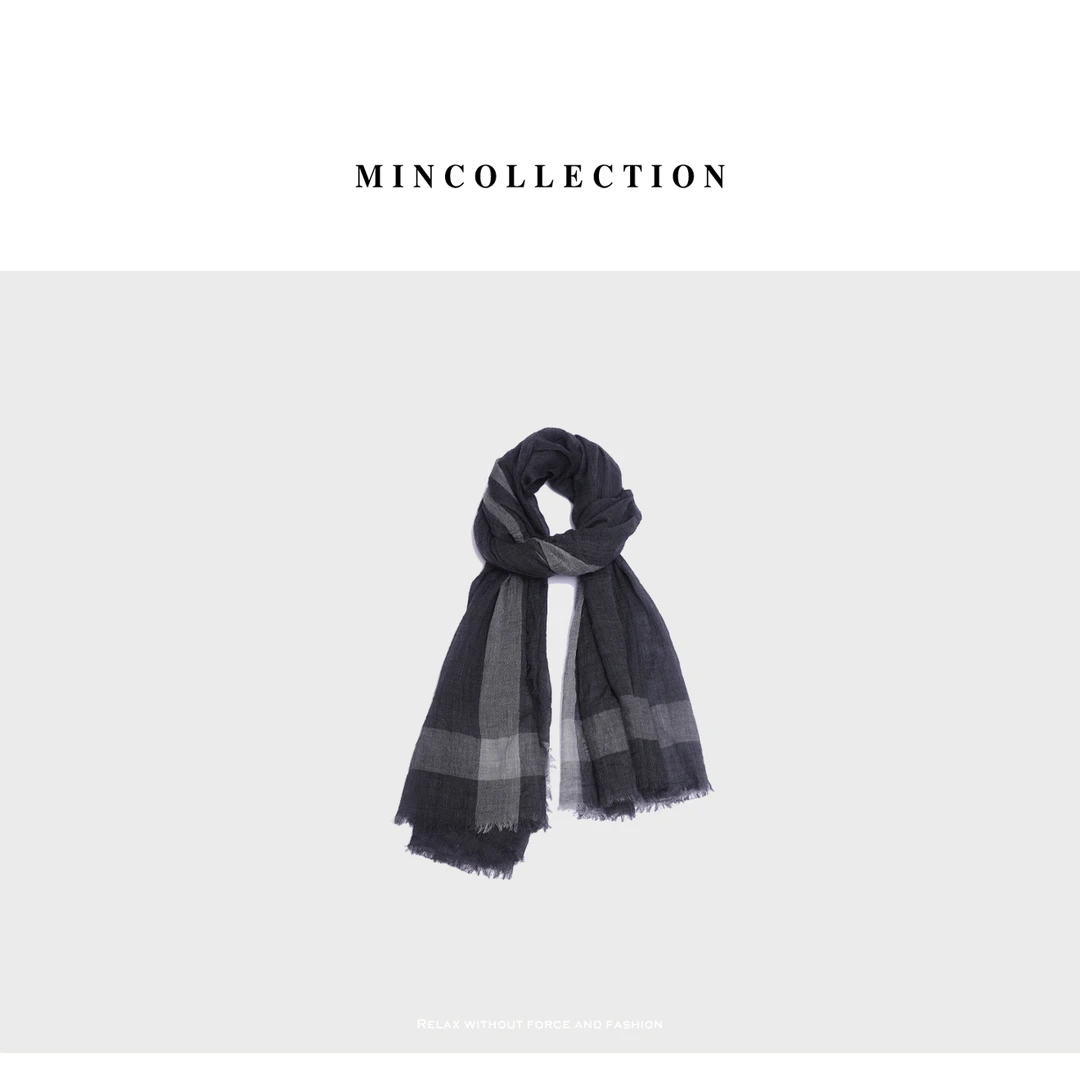 Min 简约大格纹拼接薄款须边全羊毛围巾55850