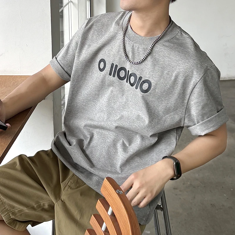 PPF Studio灰色字母印花短袖t恤男生2025新款夏纯棉百搭宽松上衣