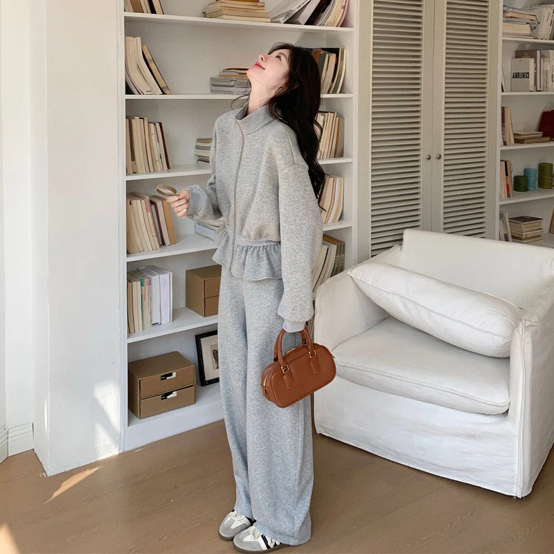 松弛感套装裤女2025春秋新款韩系慵懒风花苞卫衣弯刀阔腿裤两件套