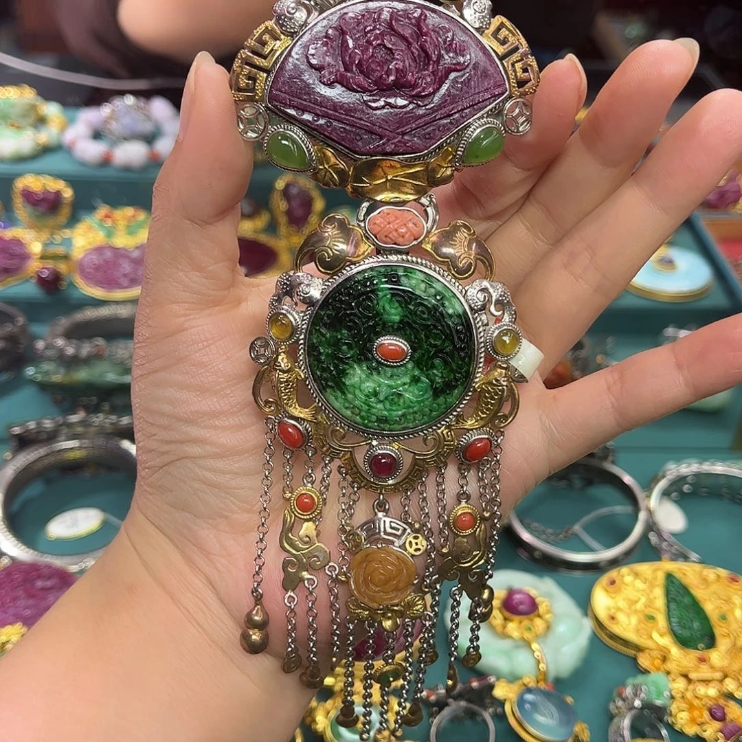 翡翠银S925镶嵌吊坠(不含链)翡翠红宝石多宝吊坠