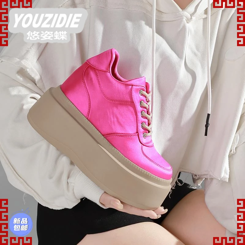 14公分内增高女鞋小个子2025夏季新款透气10CM玫红休闲厚底松糕鞋