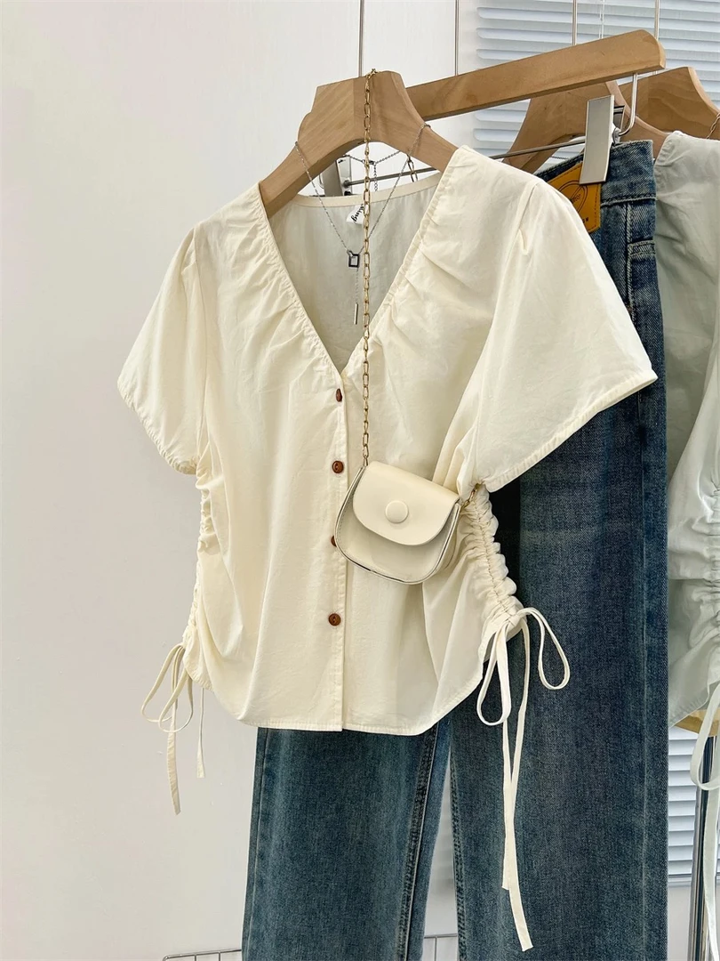 729 多巴胺时尚简约纯色收腰设计百搭麻料衬衫（T12）