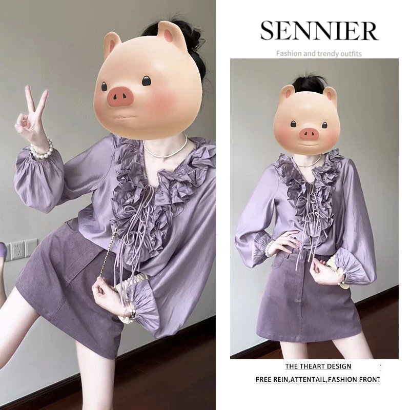 时尚穿搭女2025新款设计感木耳边v领气质长袖衬衫显瘦短裙两件套